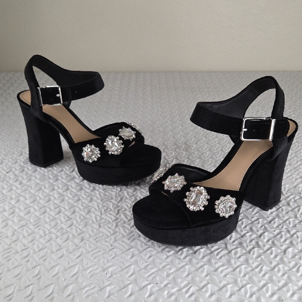 Copper Key 7.5 Black Velvet Jeweled Platform Block Heel Sandals Adjustable Strap